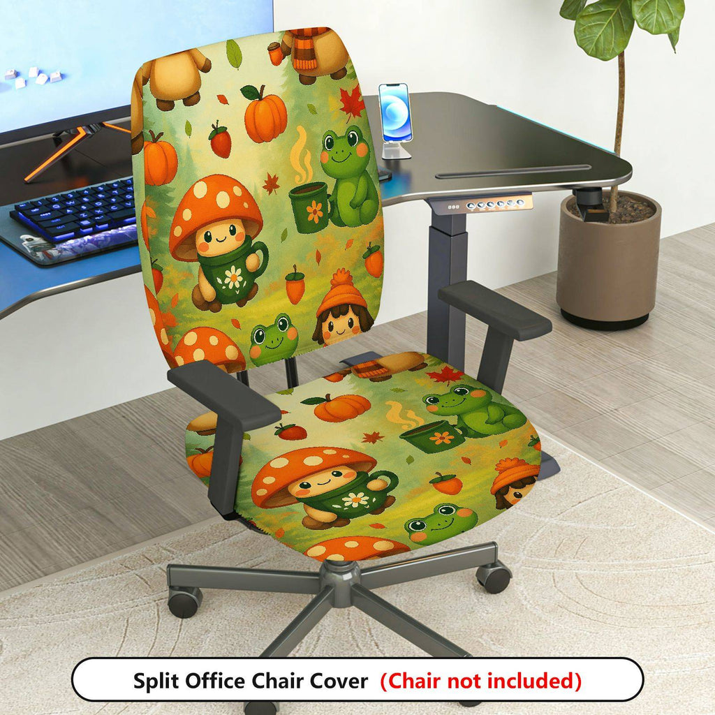 2-Piece Autumn Mushroom Frog Pumpkin Cute  Computer Chair Cover Set, Seat and Backrest