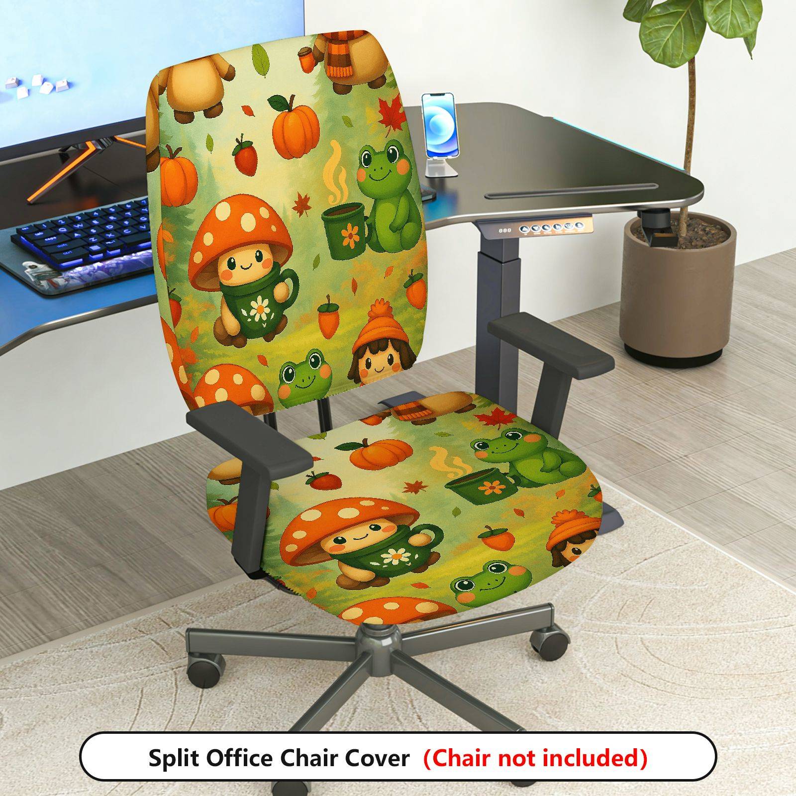 2-Piece Autumn Mushroom Frog Pumpkin Cute  Computer Chair Cover Set, Seat and Backrest
