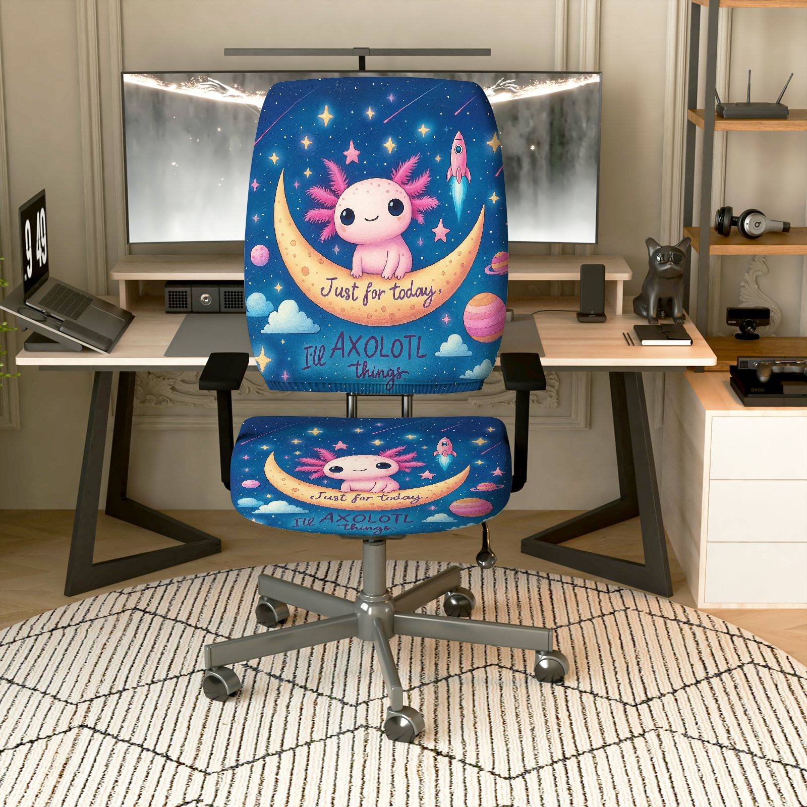 2-Piece Axolotl Moon Star Galaxy Space  Computer Chair Cover Set, Seat and Backrest