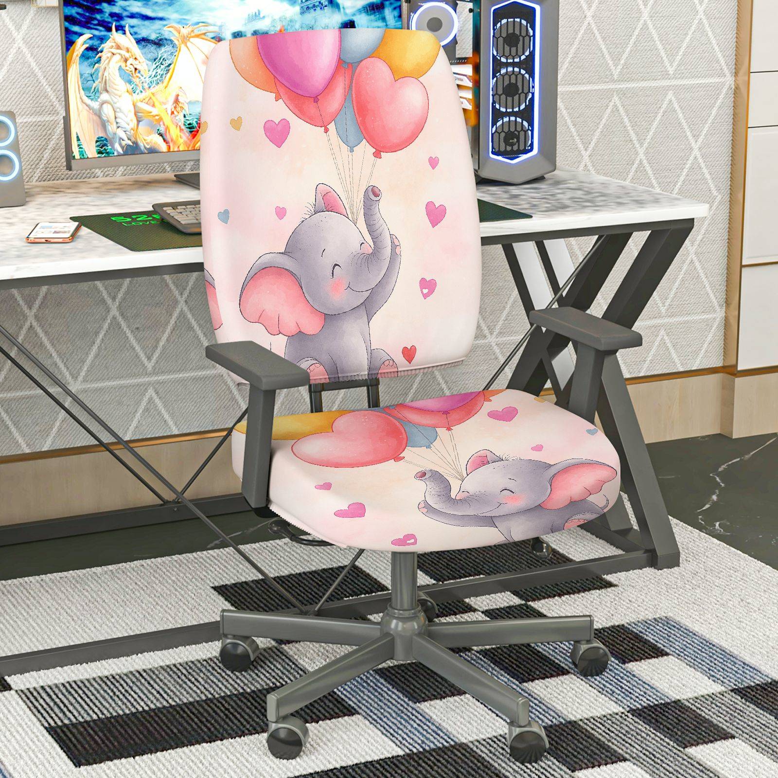 2-Piece Elephant Balloon Heart Cute Animal  Computer Chair Cover Set, Seat and Backrest