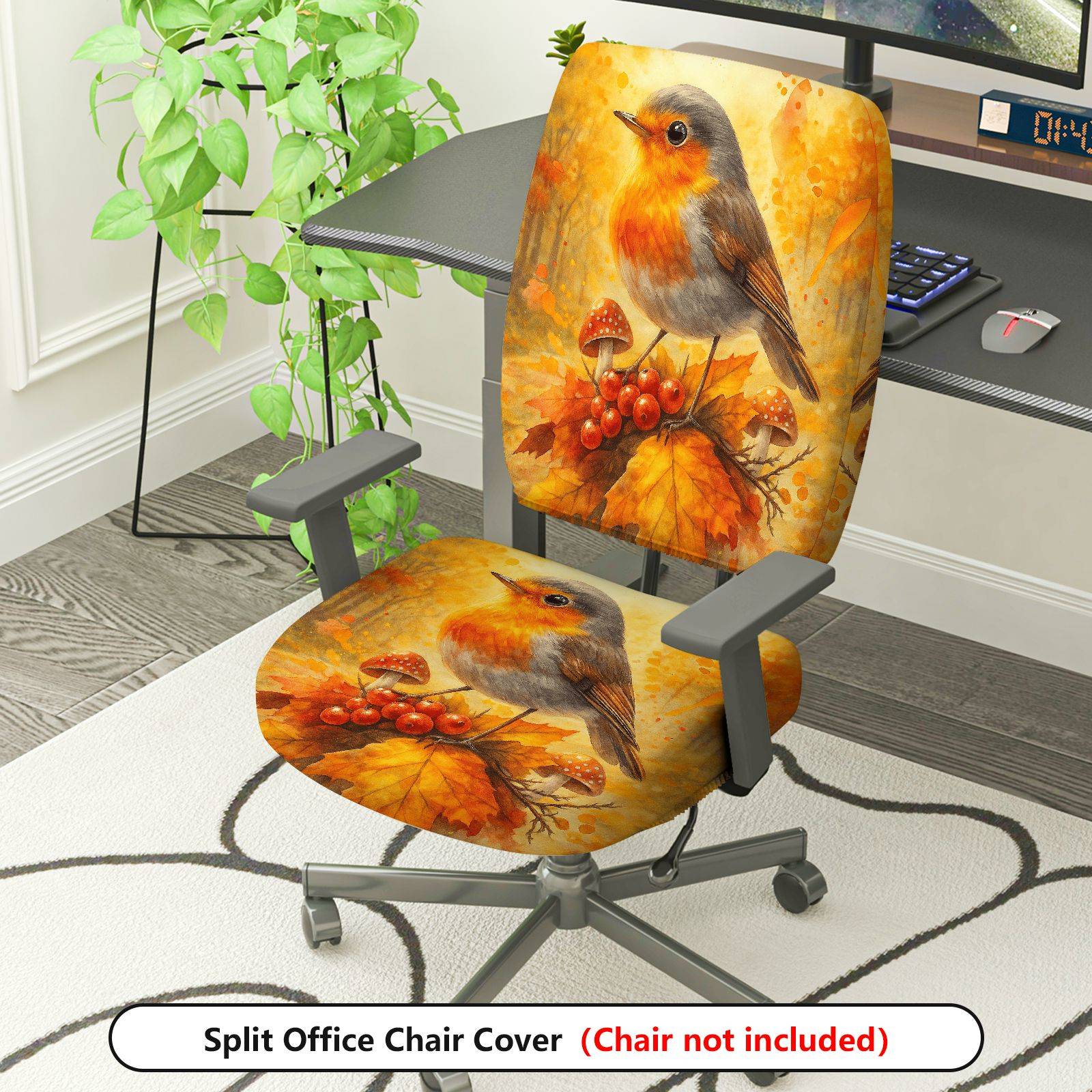 2-Piece Autumn Bird Mushroom Nature Artistic  Computer Chair Cover Set, Seat and Backrest