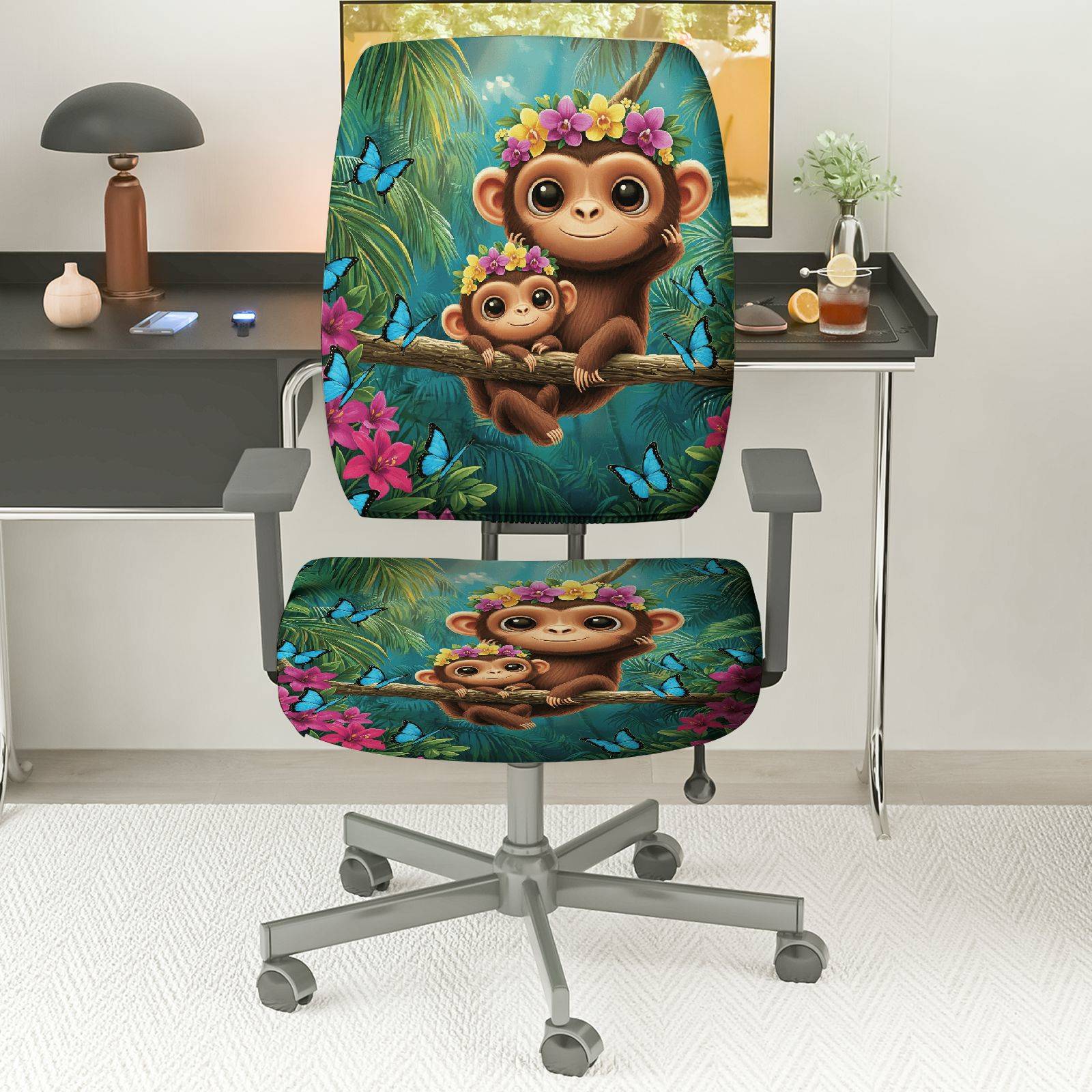2-Piece Monkey Jungle Floral Butterfly Animal  Computer Chair Cover Set, Seat and Backrest