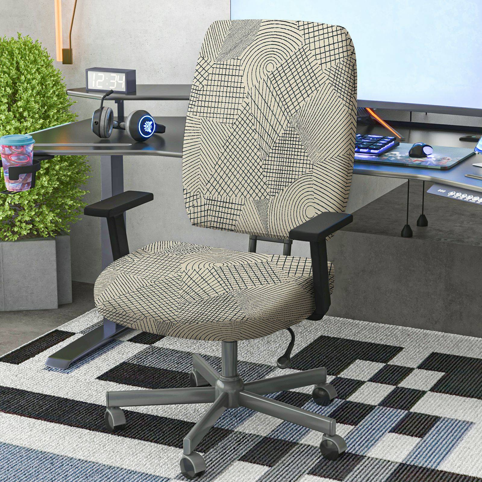 2-Piece Geometric Pattern Modern Design  Computer Chair Cover Set, Seat and Backrest