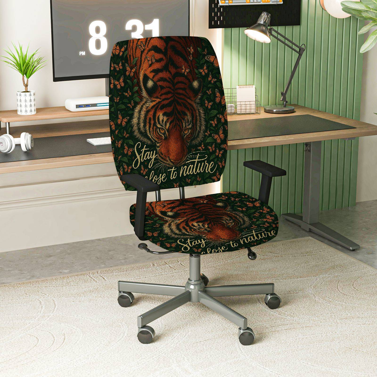 2-Piece Animal Nature Forest Wildlife Tiger Inspirational  Computer Chair Cover Set, Seat and Backrest