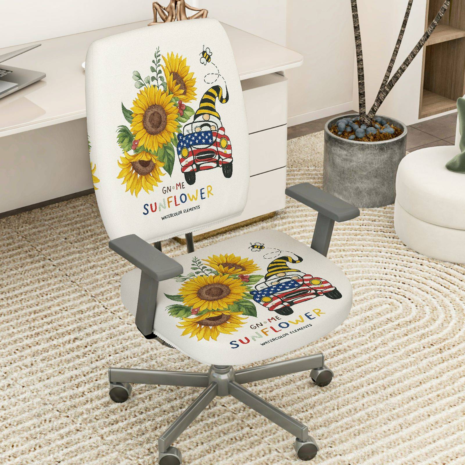 2-Piece Sunflower Gnome Christmas American Vintage Car Bee  Computer Chair Cover Set, Seat and Backrest