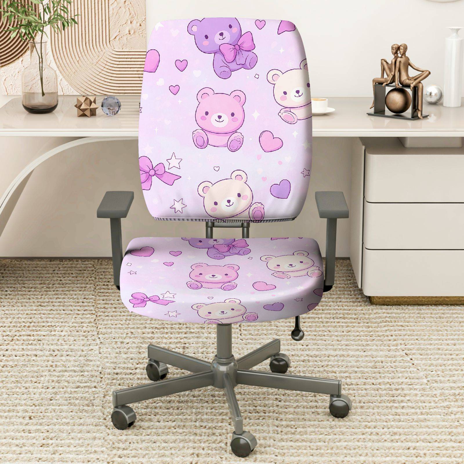 2-Piece Cute Teddy Bear Pink Hearts Stars Bow  Computer Chair Cover Set, Seat and Backrest