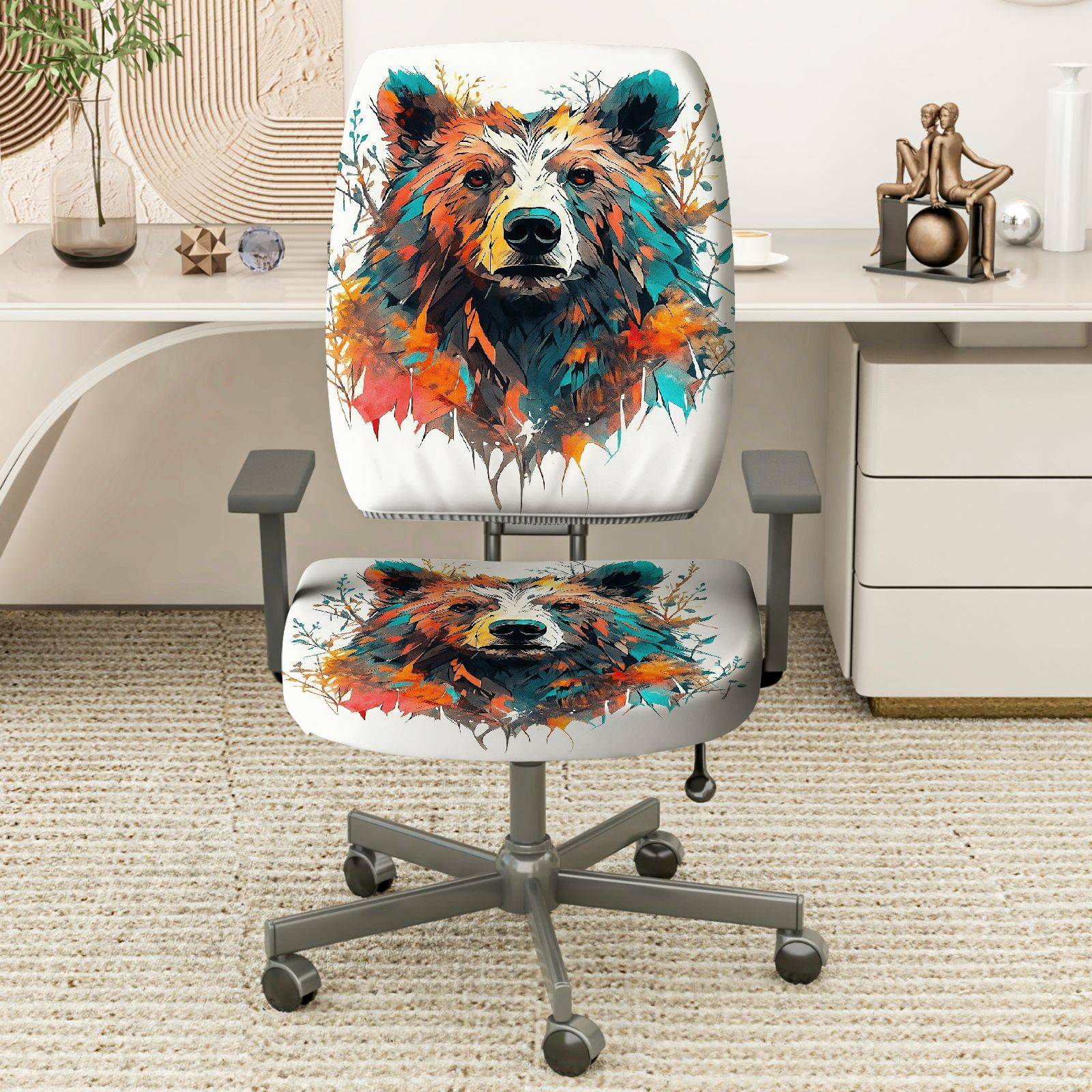 2-Piece Colorful Bear Animal Art Design  Computer Chair Cover Set, Seat and Backrest