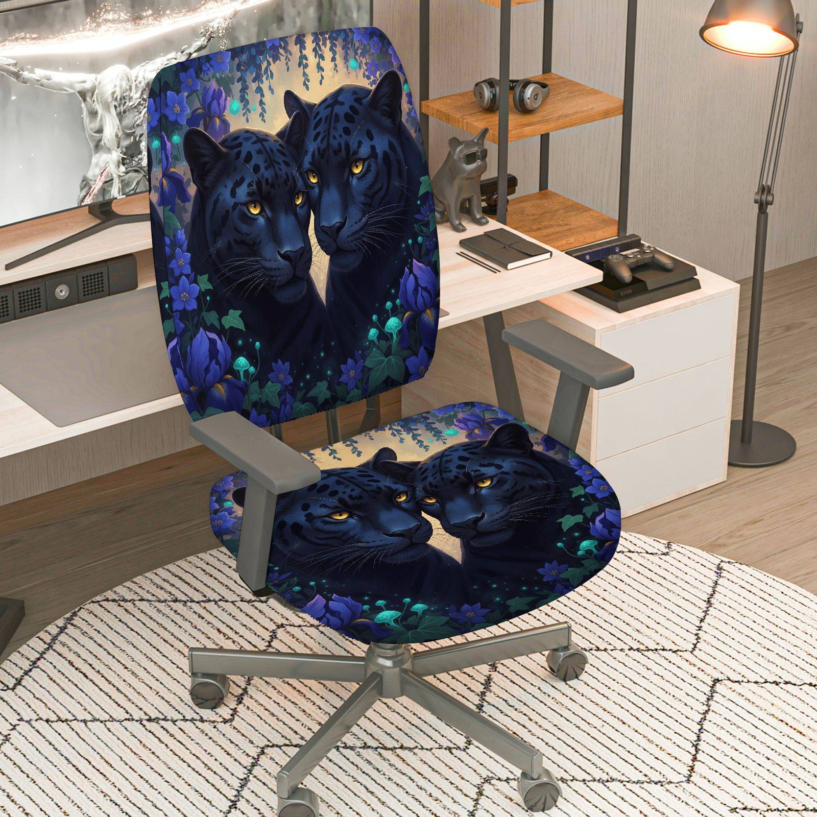 2-Piece Panther Animal Floral Art Decorative  Computer Chair Cover Set, Seat and Backrest