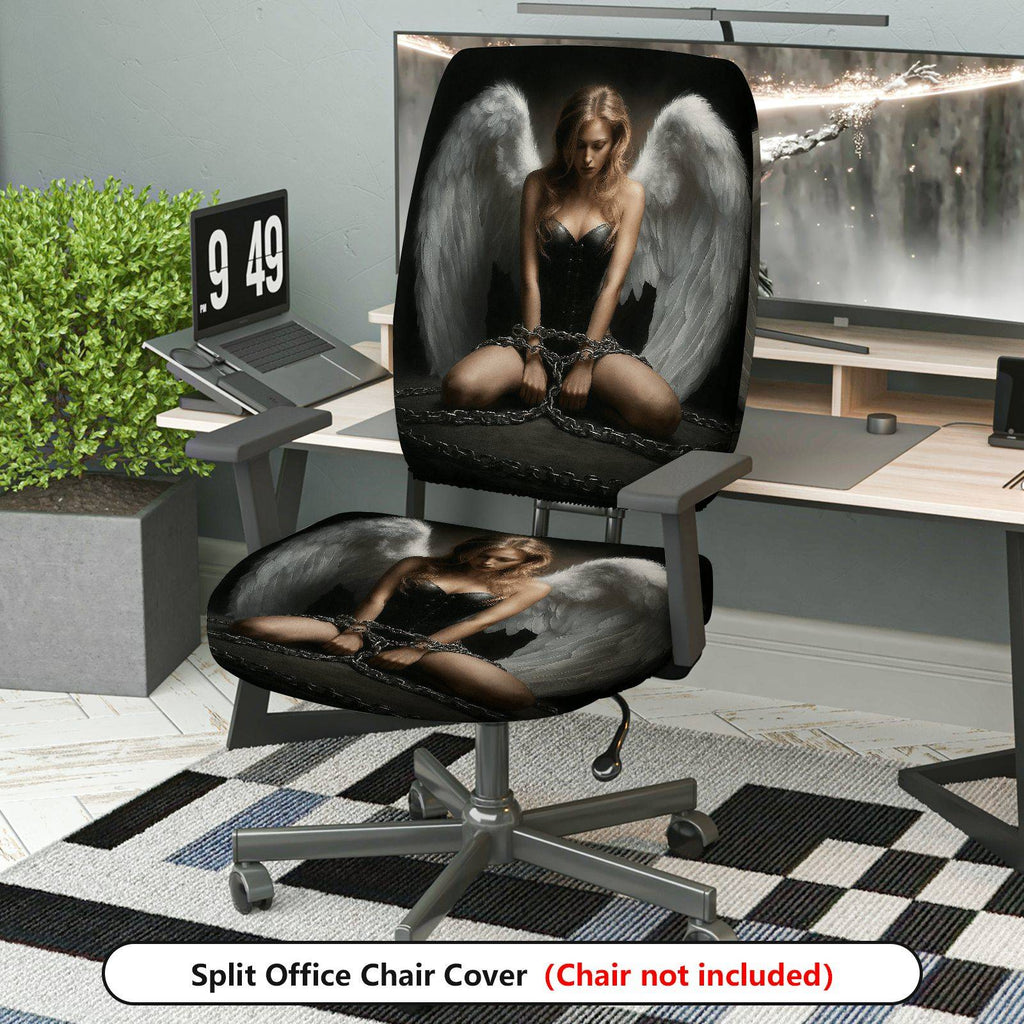 2-Piece Angel Wings Chains Black White Gothic  Computer Chair Cover Set, Seat and Backrest