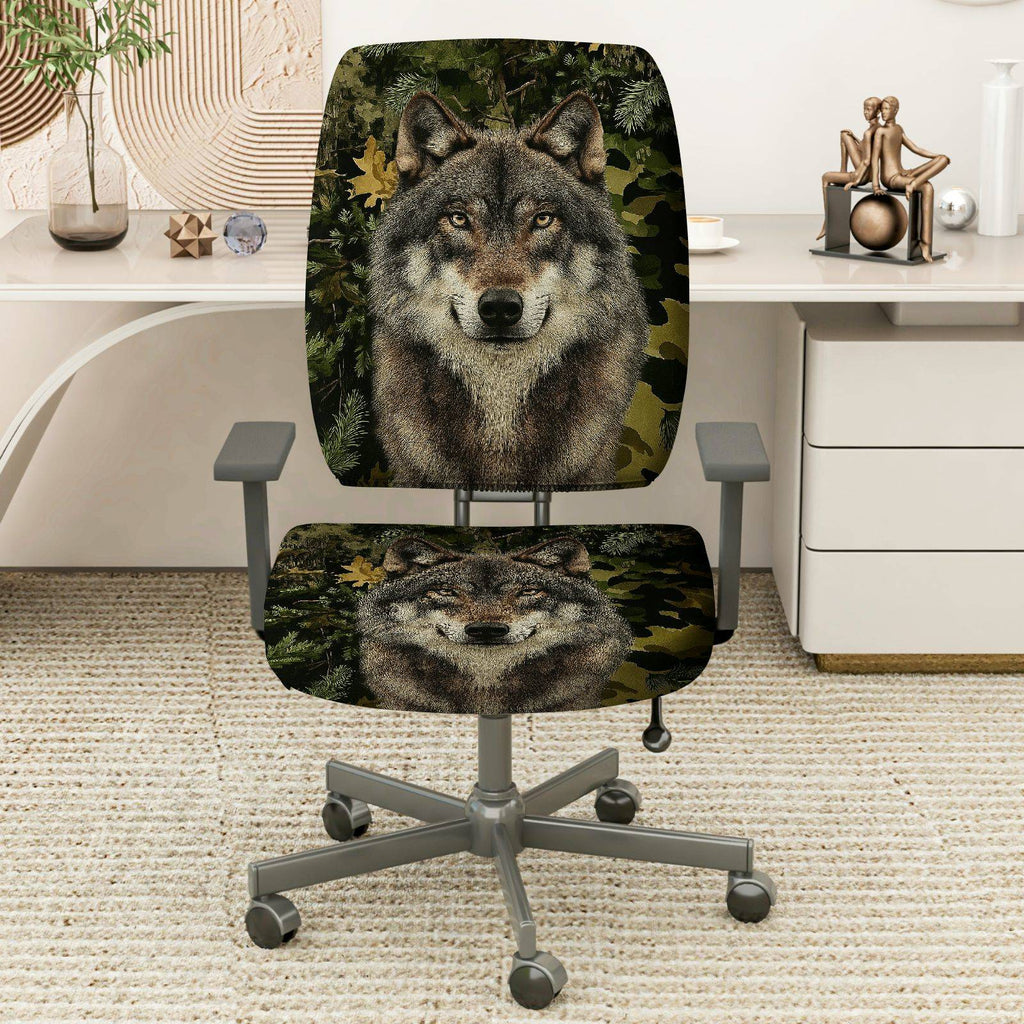2-Piece Wolf Forest Camouflage Animal Nature Wildlife  Computer Chair Cover Set, Seat and Backrest