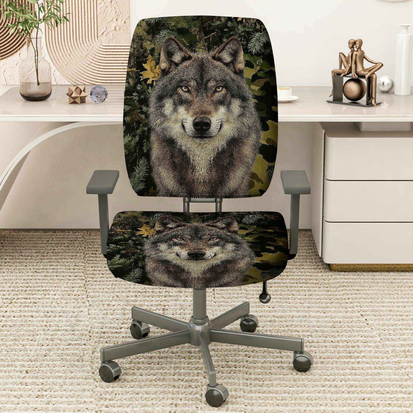 2-Piece Wolf Forest Camouflage Animal Nature Wildlife  Computer Chair Cover Set, Seat and Backrest
