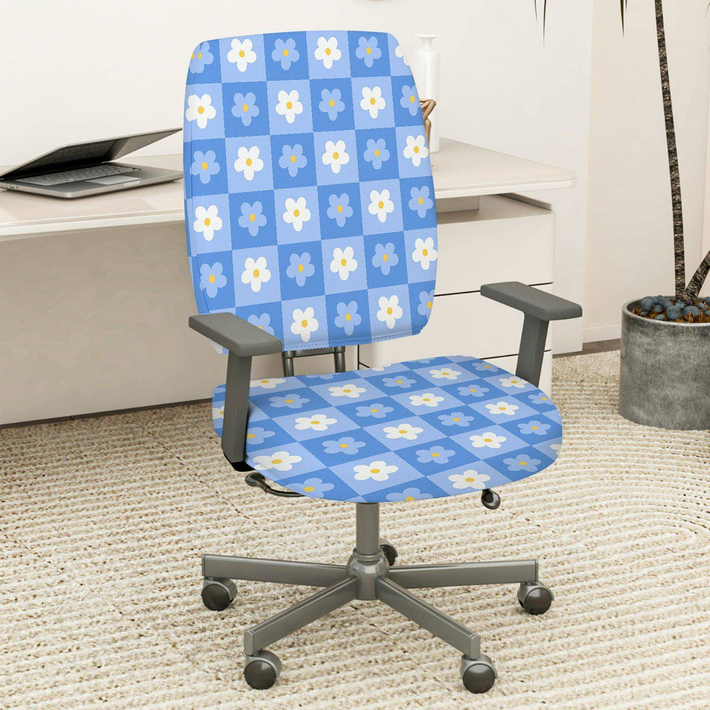 2-Piece Blue Floral Checkered Pattern  Computer Chair Cover Set, Seat and Backrest