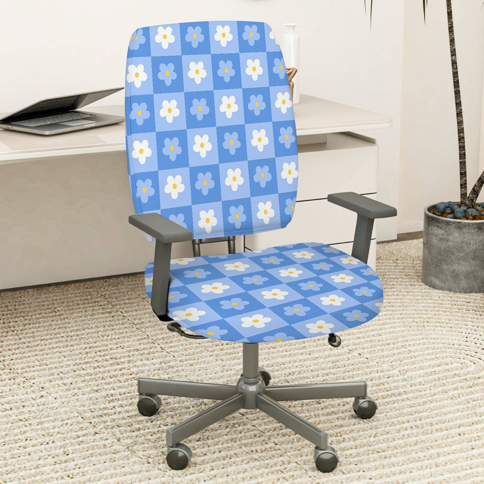 2-Piece Blue Floral Checkered Pattern  Computer Chair Cover Set, Seat and Backrest