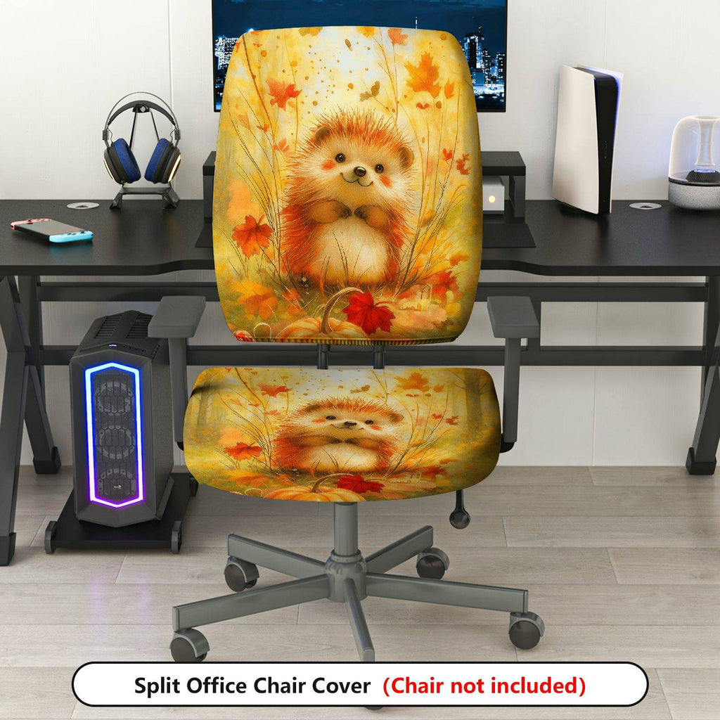 2-Piece Autumn Hedgehog Cute Animal Fall Leaves  Computer Chair Cover Set, Seat and Backrest