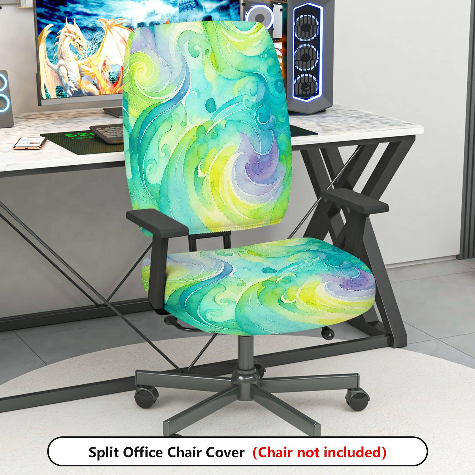 2-Piece Abstract Swirl Artistic Watercolor Green Blue Yellow  Computer Chair Cover Set, Seat and Backrest