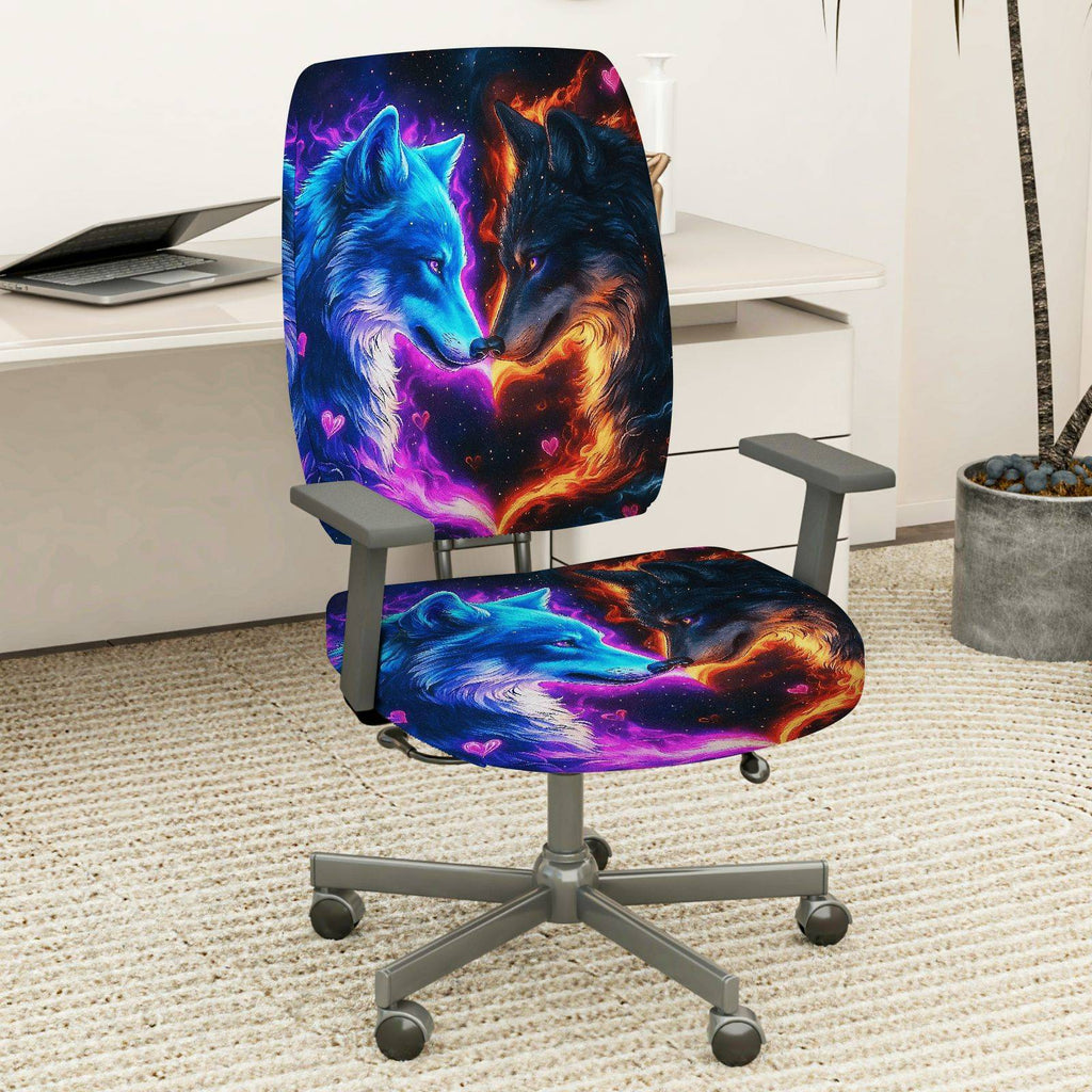 2-Piece Blue Red Wolf Galaxy Heart Creative Romance  Computer Chair Cover Set, Seat and Backrest