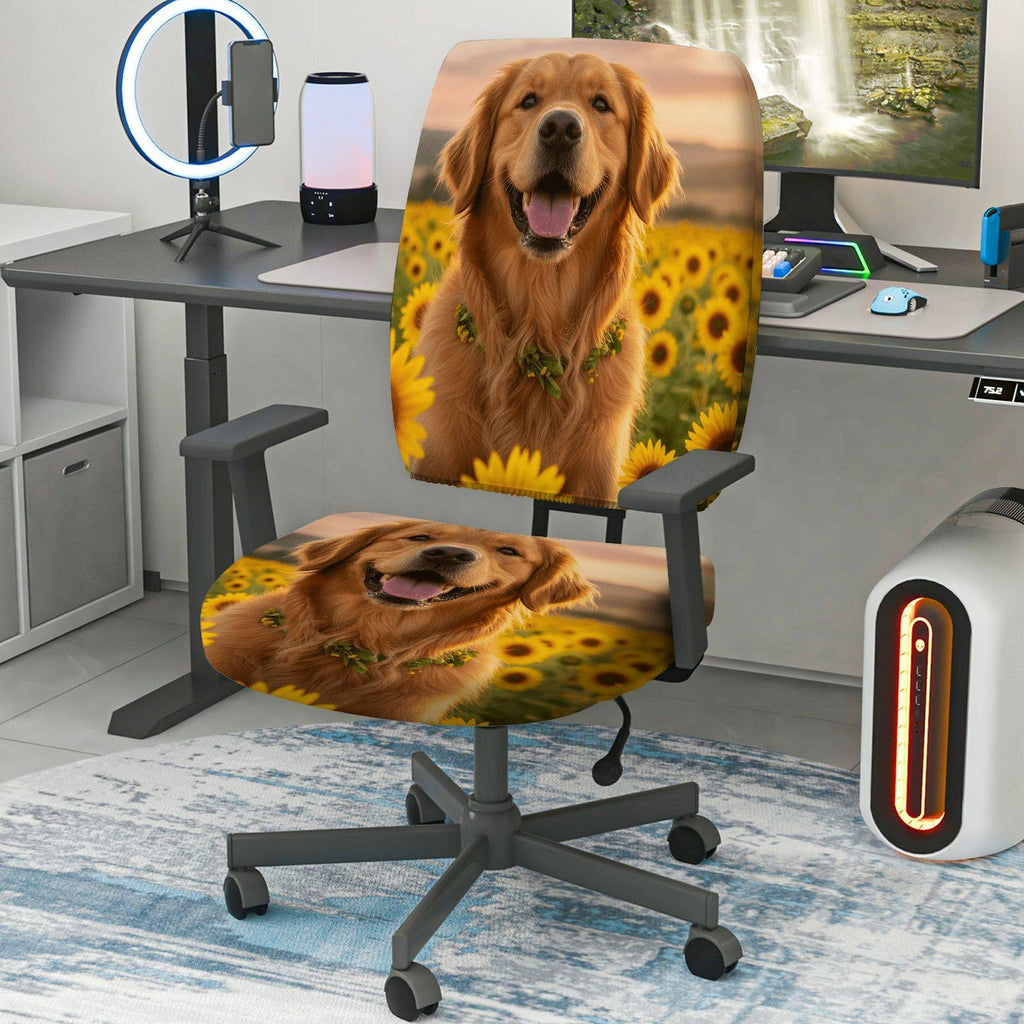 2-Piece Dog Sunflower Nature Joyful Happy  Computer Chair Cover Set, Seat and Backrest
