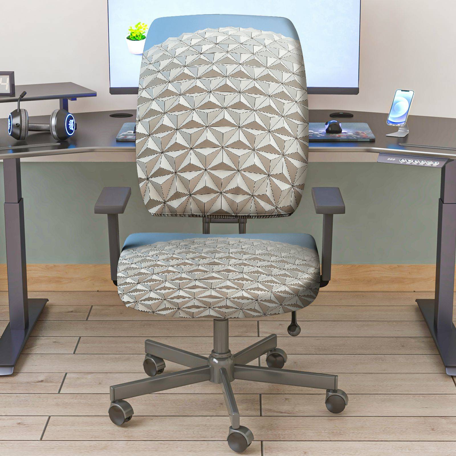 2-Piece Geometric Pattern Gray Design Decorative  Computer Chair Cover Set, Seat and Backrest