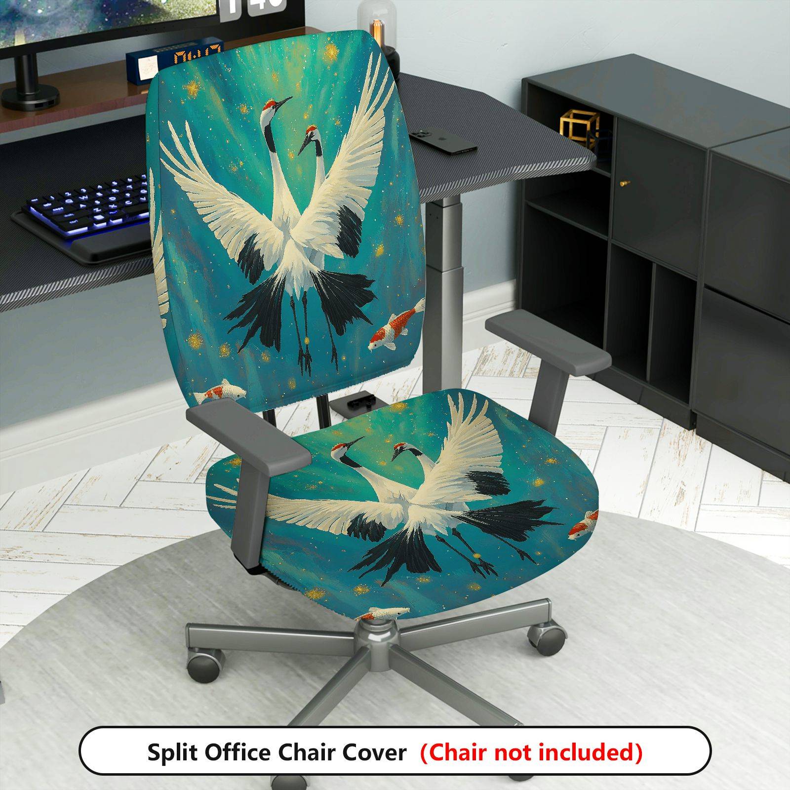 2-Piece Artistic Crane Fish Aqua Gradient Holiday  Computer Chair Cover Set, Seat and Backrest